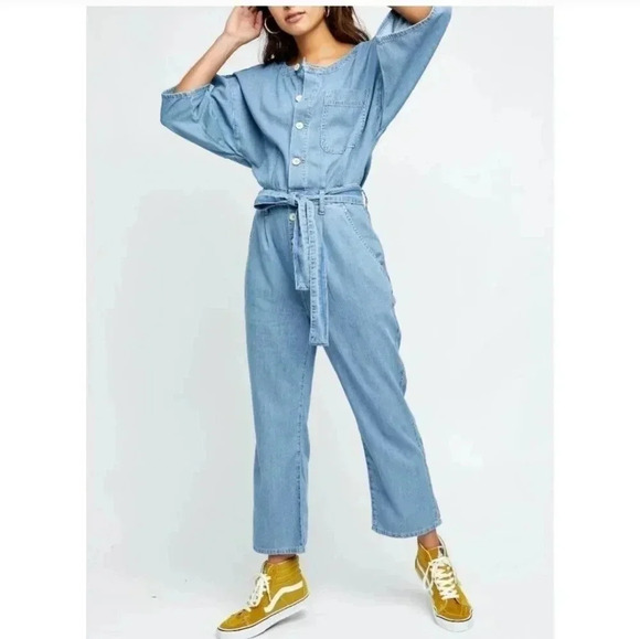 Free People Cotton Blend Loco Blue Button Down Oversized Marley Jumpsuit(XS)NWT - Picture 1 of 12